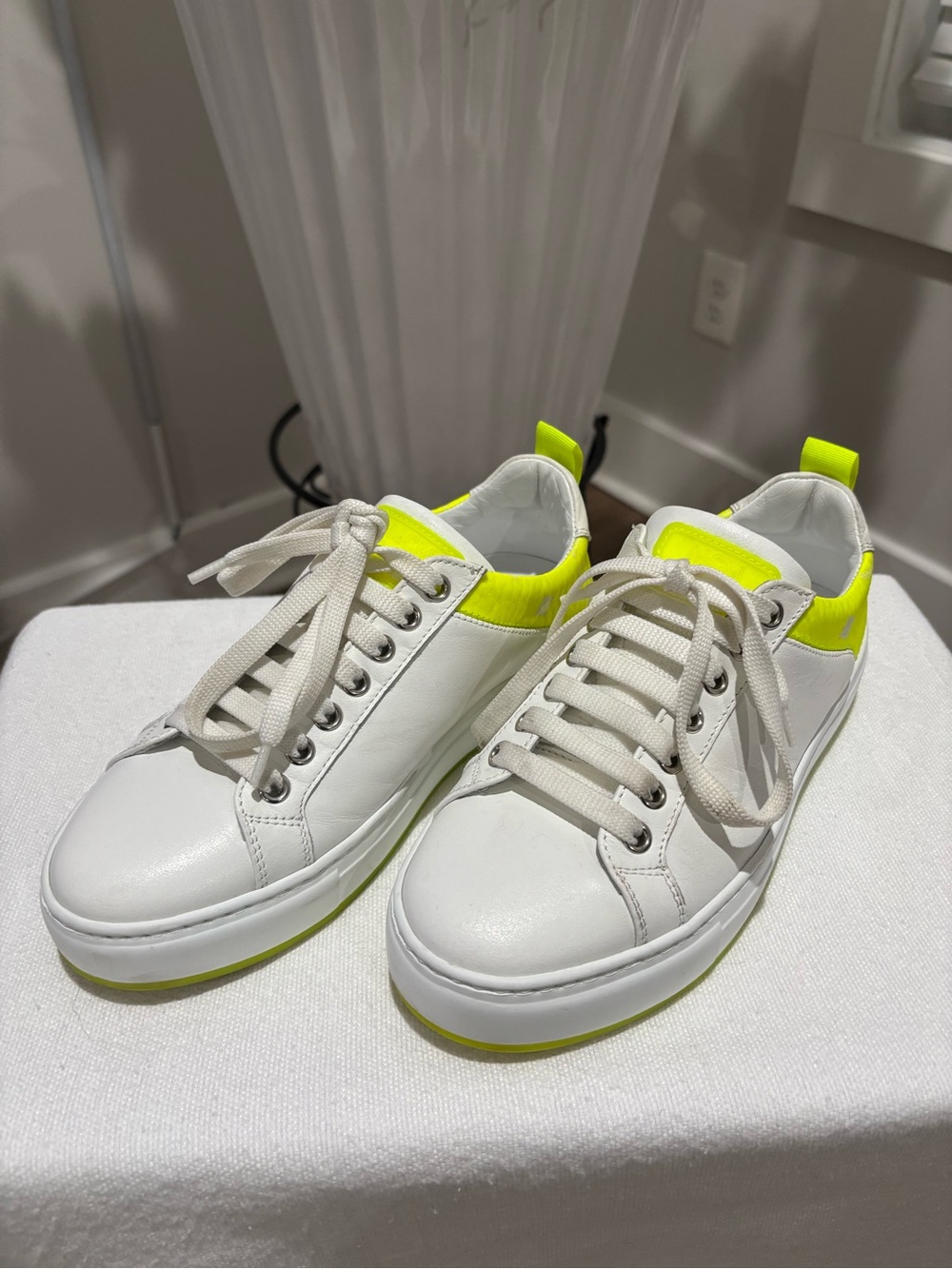 MCM White Leather Sneakers with Neon Yellow Trim